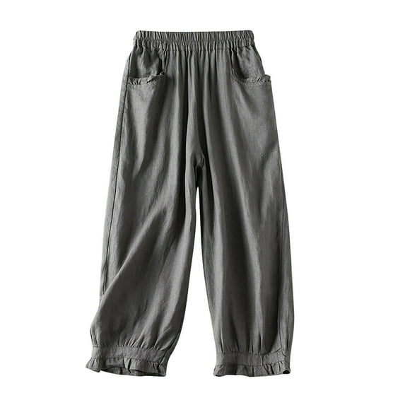 cfhntfmh Lounge Pants for Women Comfy Elastic Waist Solid Color Long Pants Cotton Linen Baggy Jogger Pants with Pockets