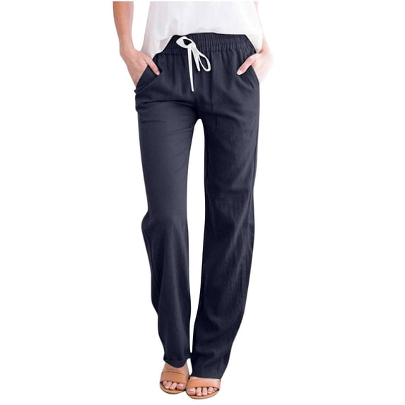 cfhntfmh Lounge Pants for Women Elastic Waist Cotton Linen Pants Summer Straight Leg Comfy Trousers with Pocket
