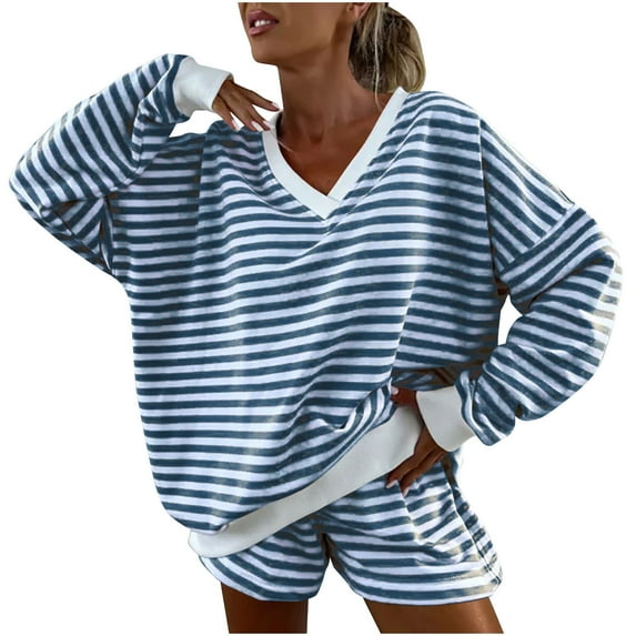 cfhntfmh Lounge Set for Women Loose Casual V Neck Long Sleeve Oversized Tops 2 Piece Athletic Shorts Striped Summer Outfits