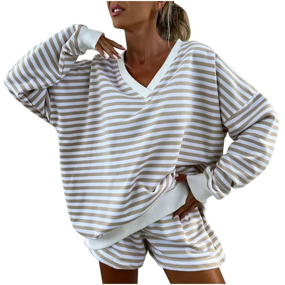 cfhntfmh Lounge Set for Women Loose Casual V Neck Long Sleeve Oversized Tops 2 Piece Athletic Shorts Striped Summer Outfits