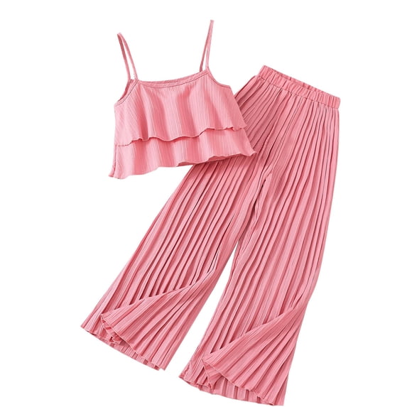 cfhntfmh Lounge Sets for Children Girls Cute Sleeveless Ruffle Hem Camisole Loose Pleated Wide Leg Palazzo Pants Summer Outfits