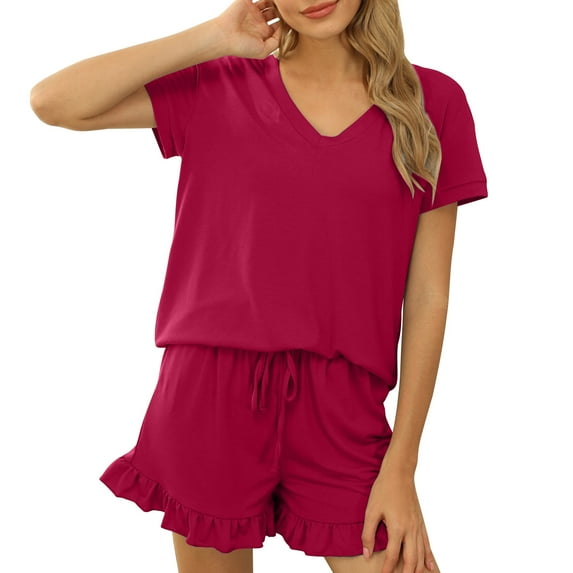 cfhntfmh Lounge Sets for Women Casual Short Sleeve V Neck Tshirts Soft Ruffle Hem Drawstring Shorts 2 Piece Pajama Sets Sleepwear