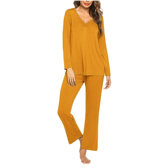 cfhntfmh Lounge Sets for Women Long Sleeve 2 Piece Pajama Sets Soft V Neck Tops Loose Solid Color Long Pants Comfy Sleepwear