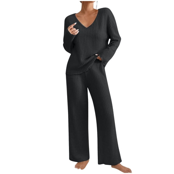 cfhntfmh Lounge Sets for Women Ribbed Knit V Neck Long Sleeve Basic Tops Fall Baggy Wide Leg Pants Comfy Pajama Sets