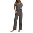thumbnail image 1 of cfhntfmh Lounge Sets for Women Soft V Neck Short Sleeve Sleepwear Comfy Lounge Straight Leg Long Pants 2 Piece Ribbed Knit Outfits, 1 of 5