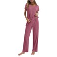thumbnail image 1 of cfhntfmh Lounge Sets for Women Soft V Neck Short Sleeve Sleepwear Comfy Lounge Straight Leg Long Pants 2 Piece Ribbed Knit Outfits, 1 of 5