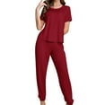 thumbnail image 1 of cfhntfmh Lounge Sets for Women Solid Knit Womens Pajama Sets 2 Piece Pjs Sets with Drawstring Short Sleeve Top Long Pant, 1 of 5