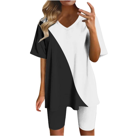 cfhntfmh Lounge Sets for Women Trendy Print Half Sleeve V Neck Baggy Tops Slim Biker Shorts 2 Piece Casual Outfits