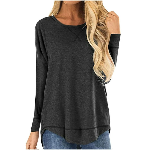 cfhntfmh Lounge Shirts for Women Casual Fall Crewneck Solid Color Tunic Tops Comfy Loose Long Sleeve Undershirts