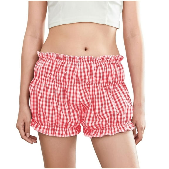 cfhntfmh Lounge Shorts for Women Low Waist Tiered Ruffle Comfy Shorts Plaid Print Summer Cute Short Pants