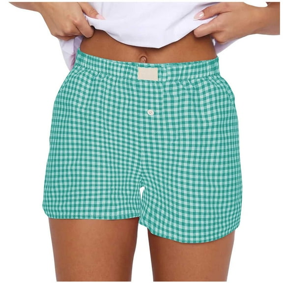 cfhntfmh Lounge Shorts for Women Plaid Print Cute Loose Shorts Elastic Waist Summer Boxer Short Pants with Pockets