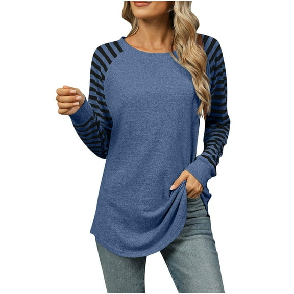 cfhntfmh Lounge Tops for Women Casual Fall Long Sleeve Crewneck Tunic Blouses Trendy Color Block Basic Shirts