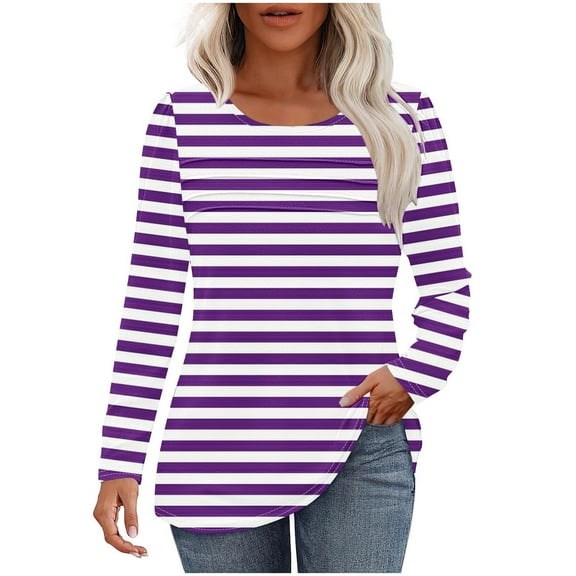 cfhntfmh Lounge Tops for Women Casual Fall Long Sleeve Striped Print Tunic Tees Loose Crewneck Layered T-Shirts