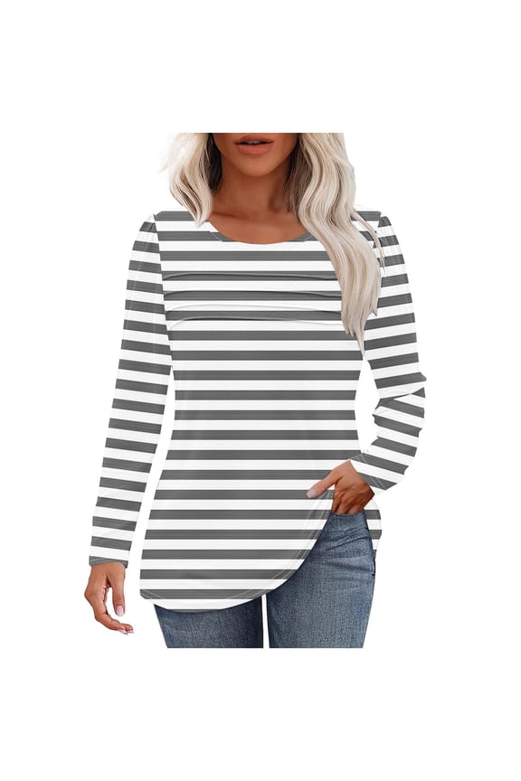Lounge Tops for Women Casual Fall Long Sleeve Striped Print Tunic Tees Loose Crewneck Layered T-Shirts
