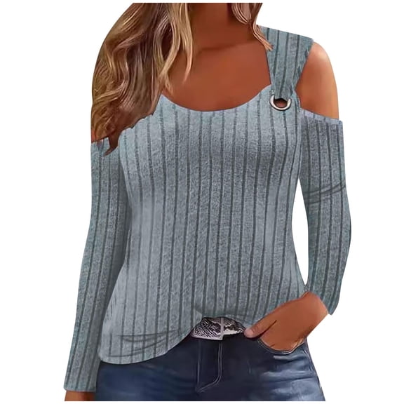 cfhntfmh Lounge Tops for Women Fall Slim Scoop Neck Dressy Casual Shirts Comfy Ribbed Cold Shoulder Long Sleeve Tunic Tees