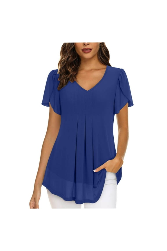 Lounge Tops for Women Petal Short Sleeve Double Layered Tunic Tops V Neck Pleated Summer Flowy T-Shirts