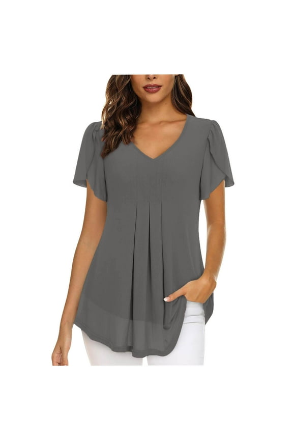 Lounge Tops for Women Petal Short Sleeve Double Layered Tunic Tops V Neck Pleated Summer Flowy T-Shirts