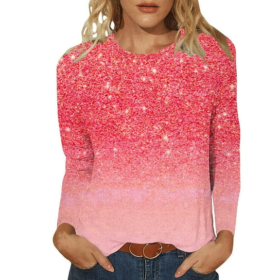 cfhntfmh Lounge Tops for Women Trendy Sparkly Sequins Crewneck Dressy Blouses Long Sleeve Tunic Fall Party Pullover Shirts
