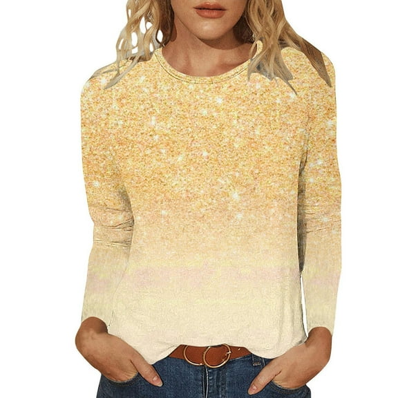 cfhntfmh Lounge Tops for Women Trendy Sparkly Sequins Crewneck Dressy Blouses Long Sleeve Tunic Fall Party Pullover Shirts