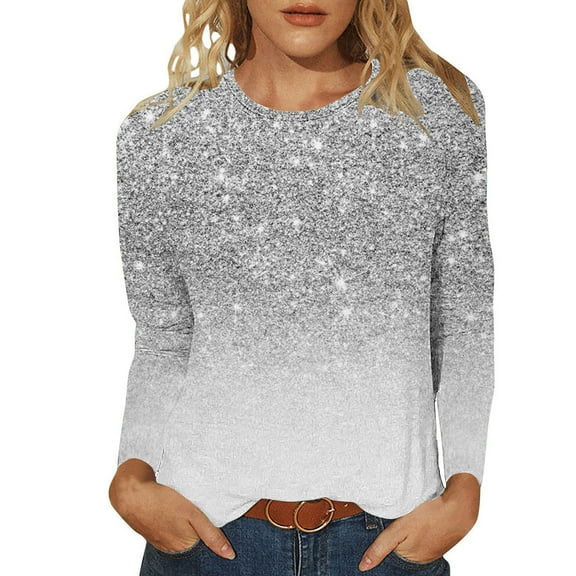 cfhntfmh Lounge Tops for Women Trendy Sparkly Sequins Crewneck Dressy Blouses Long Sleeve Tunic Fall Party Pullover Shirts