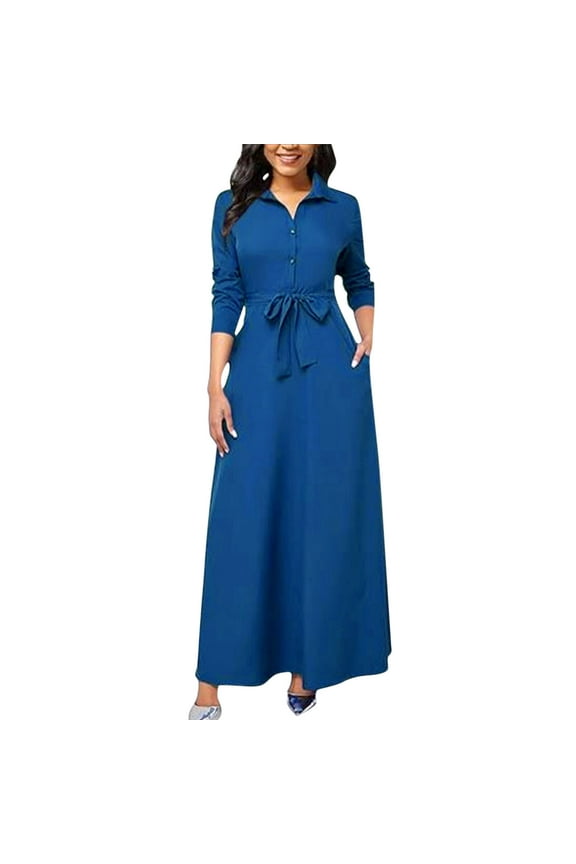 Maxi Dresses for Women Button down with Pockets Long Dress Lounge V Neck 3/4 Sleeve Belted Loose Office Dresses