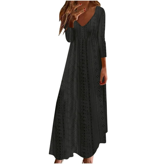cfhntfmh Maxi Dresses for Women Fashion Cutout Deep V Neck Fall Dress Loose 3/4 Sleeve Vacation T-Shirts Dress