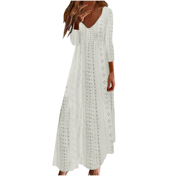 cfhntfmh Maxi Dresses for Women Fashion Cutout Deep V Neck Fall Dress Loose 3/4 Sleeve Vacation T-Shirts Dress