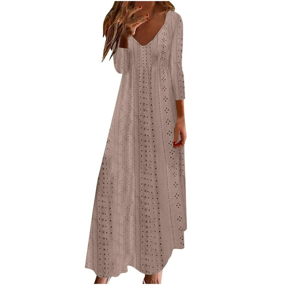 cfhntfmh Maxi Dresses for Women Fashion Cutout Deep V Neck Fall Dress Loose 3/4 Sleeve Vacation T-Shirts Dress