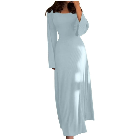 cfhntfmh Maxi Dresses for Women Soft Crewneck Long Sleeve Wedding Guest Dress Fashion Back Drawstring Cocktail Long Dress