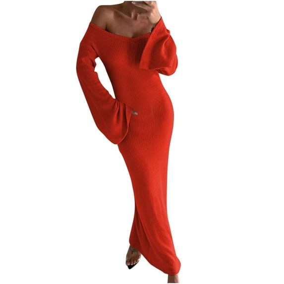 cfhntfmh Maxi Dresses for Women Soft V Neck Long Sleeve Knit Pullover Dress Winter Slim Party Clubwear Bodycon Dress