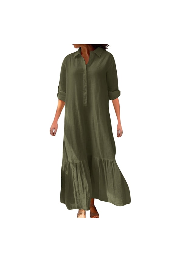 Maxi Dresses for Womens Casual Fall Flowy Long Sleeve Lapel Buttons down Shirts Dress Lounge Tiered Cotton Linen Dress