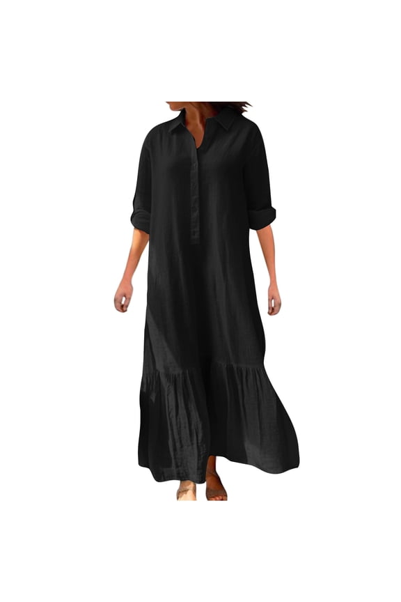 Maxi Dresses for Womens Casual Fall Flowy Long Sleeve Lapel Buttons down Shirts Dress Lounge Tiered Cotton Linen Dress