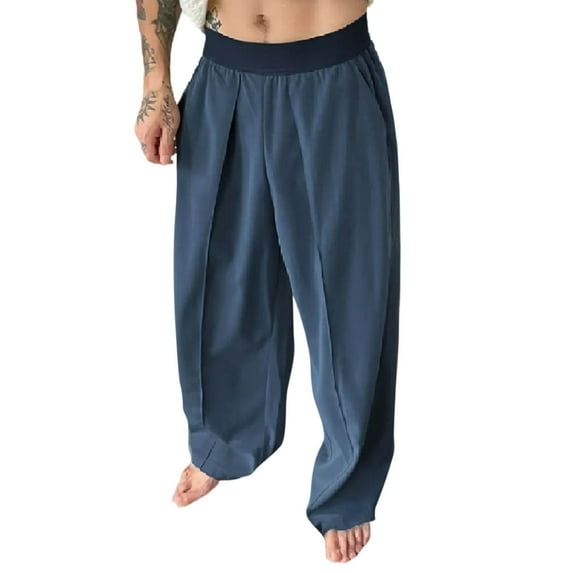 cfhntfmh Men's Baggy Wide Leg Pants Solid Color Pleated Work Casual Long Trousers with Pocket Business Lounge Trouser（Blue,3X-Large)