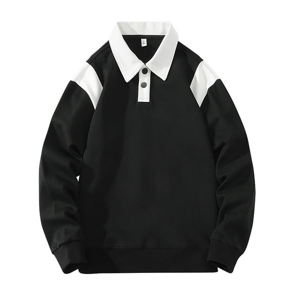 cfhntfmh Men's Button Lapel Sweatshirt Long Sleeve Soft Cotton Casual Pullover Top Solid Color Loose T-Shirt Outfits（Black,Large)