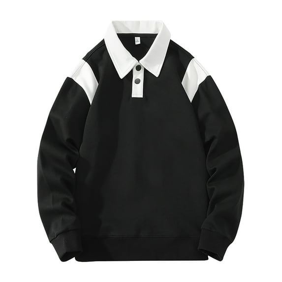 cfhntfmh Men's Button Lapel Sweatshirt Long Sleeve Soft Cotton Casual Pullover Top Solid Color Loose T-Shirt Outfits(Black,X-Large)