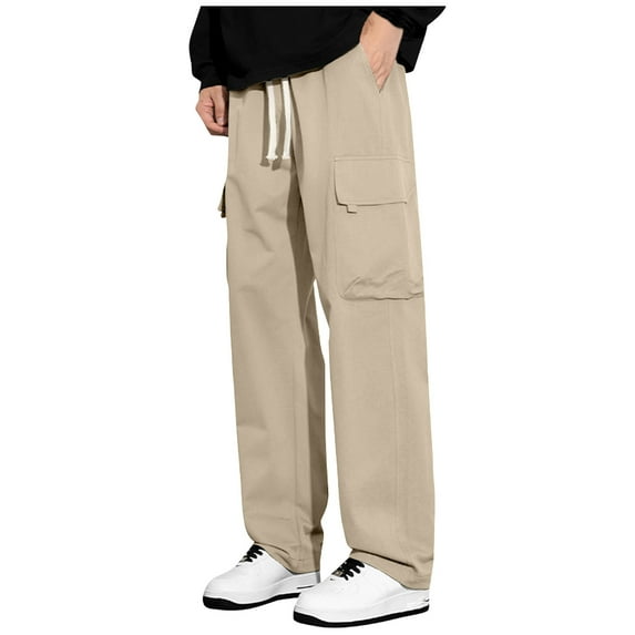 cfhntfmh Men's Casual Cargo Pants Lightweight Straight Leg Lounge Pants Drawstring Elastic Waist Athletic Pants for Men(Khaki,3X-Large)