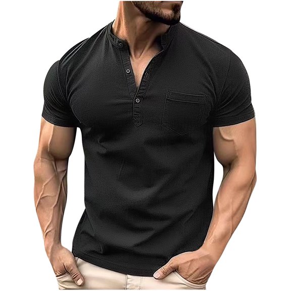 cfhntfmh Men's Henley Shirts Muscle Short Sleeve Casual Lightweight Slim Fit Basic Button T-Shirt with Pocket Basic Pullover Tees