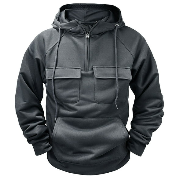 cfhntfmh Men's Hoodie Quarter Zip Fleece Jacket Winter Warm Outdoor Hiking Coat with Multi-pockets Solid Thermal Pullover Sweatshirts（Dark Gray,XX-Large)