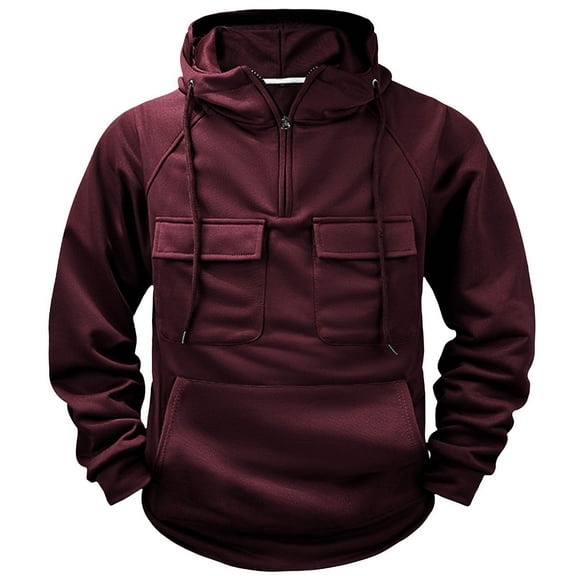 cfhntfmh Men's Hoodie Quarter Zip Fleece Jacket Winter Warm Outdoor Hiking Coat with Multi-pockets Solid Thermal Pullover Sweatshirts（Wine,X-Large)