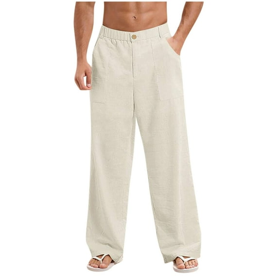 cfhntfmh Men's Linen Pants Wide Leg Beach Casual Summer Lightweight Trousers Low Waist Vacation Pants Solid Lounge Pants（Gray,X-Large)