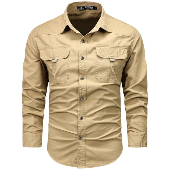 cfhntfmh Men's Long Sleeve Hiking Shirt Workwear Outdoor Camping Shirts with Pockets Lightweight Button up Work Shirt(Khaki,X-Large)