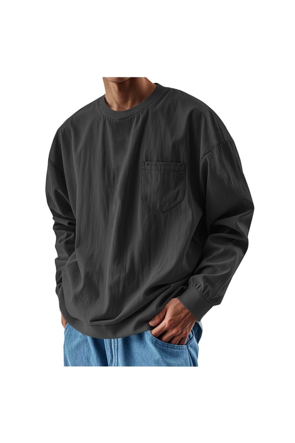 Men's Oversized T-Shirts Vintage Washed Casual Pocket Tee Long Sleeve Crewneck Spring Tops Big and Tall