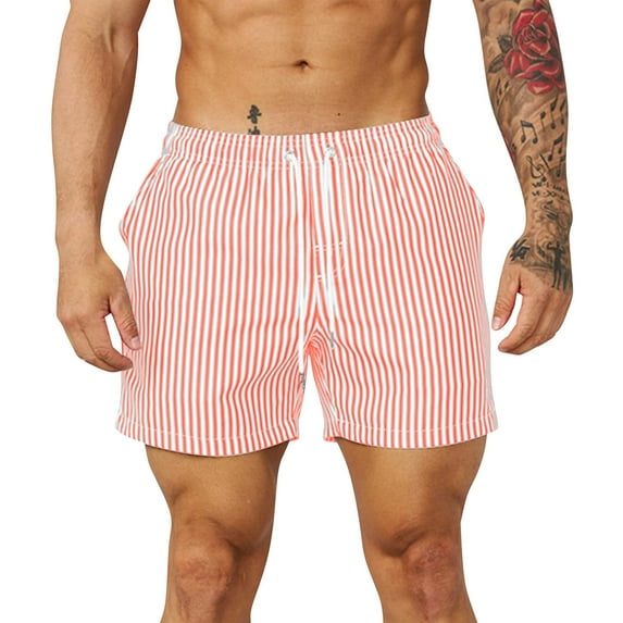 cfhntfmh Men's Striped Swim Trunks Quick Dry Summer Vacation Shorts Drawstring Waisted Beach Swimwear Casual Shorts