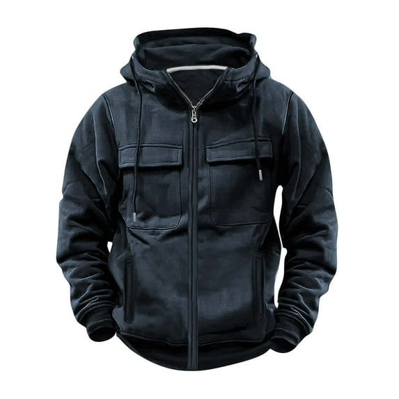 cfhntfmh Men's Vintage Hoodie Zip up Long Sleeve Sweatshirt with Pockets Solid Color Streetwear Fleece Hoodies Jacket(Navy,Small)