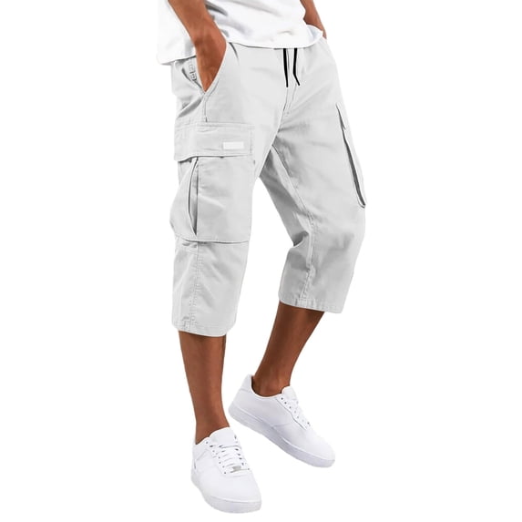 cfhntfmh Mens Capri Cargo Pants Casual Loose Pants with Pockets Fashion Drawstring Hiking Pants for Outdoor (Silver,X-Large)