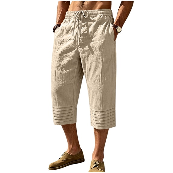 cfhntfmh Mens Capri Pants Wide Leg Loose Fit Elastic Waist Pants Lightweight Drawstring Beach Pants with Pockets (Khaki,XX-Large)