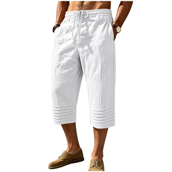 cfhntfmh Mens Capri Pants Wide Leg Loose Fit Elastic Waist Pants Lightweight Drawstring Beach Pants with Pockets (White,X-Large)