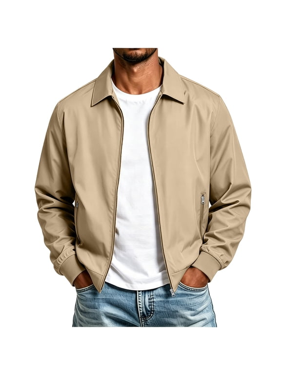 Mens Casual Jacket Lightweight Zip up Collared Jacket Golf Coat with Pockets Fall Fashion Clothing (Beige,XX-Large)