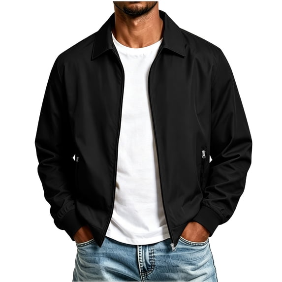 cfhntfmh Mens Casual Jacket Lightweight Zip up Collared Jacket Golf Coat with Pockets Fall Fashion Clothing (Black,Large)