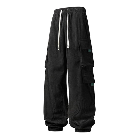 cfhntfmh Mens Corduroy Cargo Pants Casual Jogger Pants Drawstring Elastic Waist Baggy Sweatpants with Pockets (Black,Large)